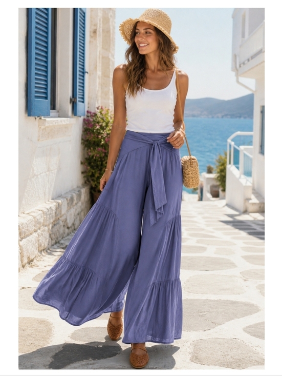 Ee Some Pants - Ee Some L Tiered Wide Leg Flowy Pull On Pants Tie Waist Blue Boho Lagenlook